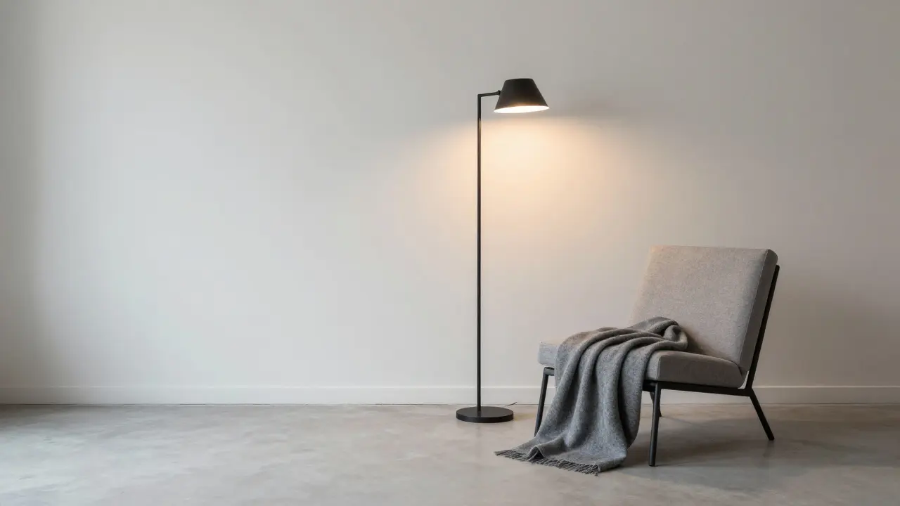 Moderní minimalistický roh s geometrickou lampou a vlněnou přikrývkou s důrazem na volný prostor.