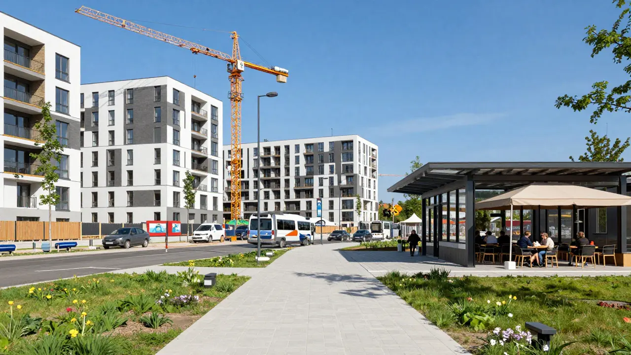 Moderní novostavba bytů v rozvíjejícím se městě s novou infrastrukturou a dopravou.