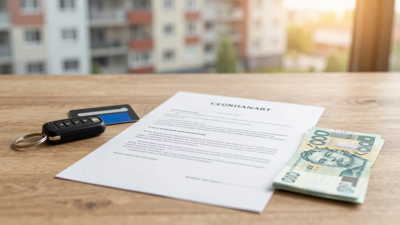 Nájemní smlouva o pronájmu garáže, čipové karty a hotovost na stole.