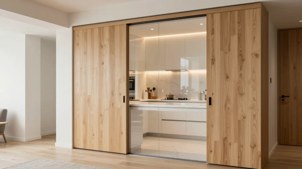 Neviditelná kuchyň s posuvnými dveřmi a LED podsvícením pracovní plochy.