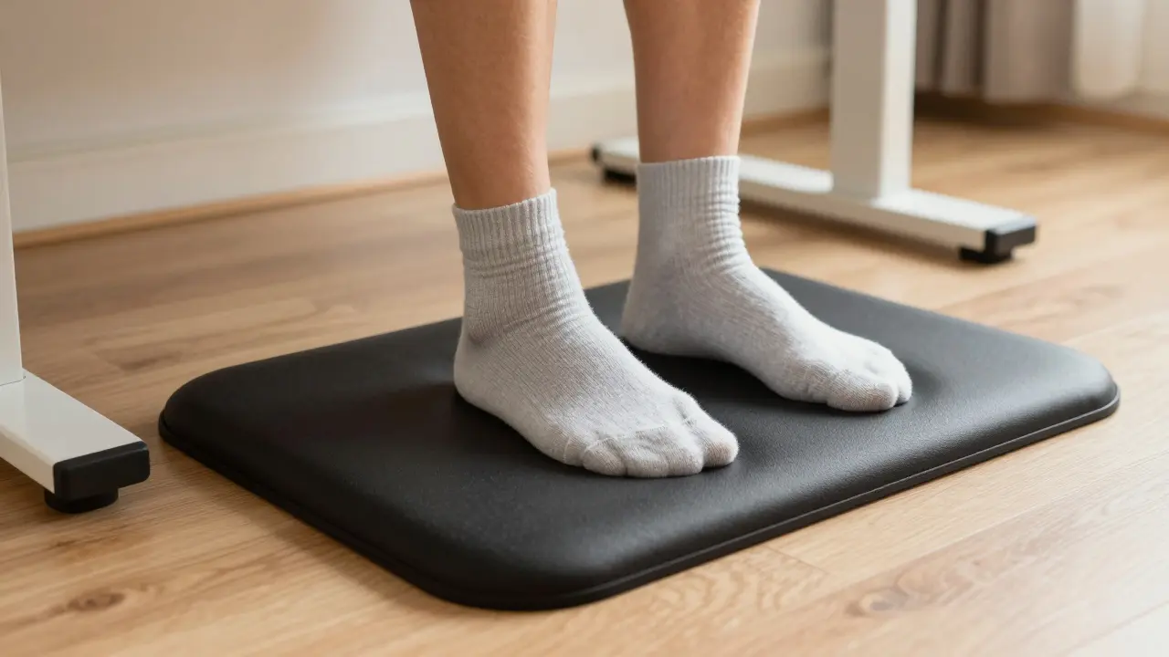 Nohy v ponožkách stojící na ergonomické protinávuové podložce pod stojacím stolem.