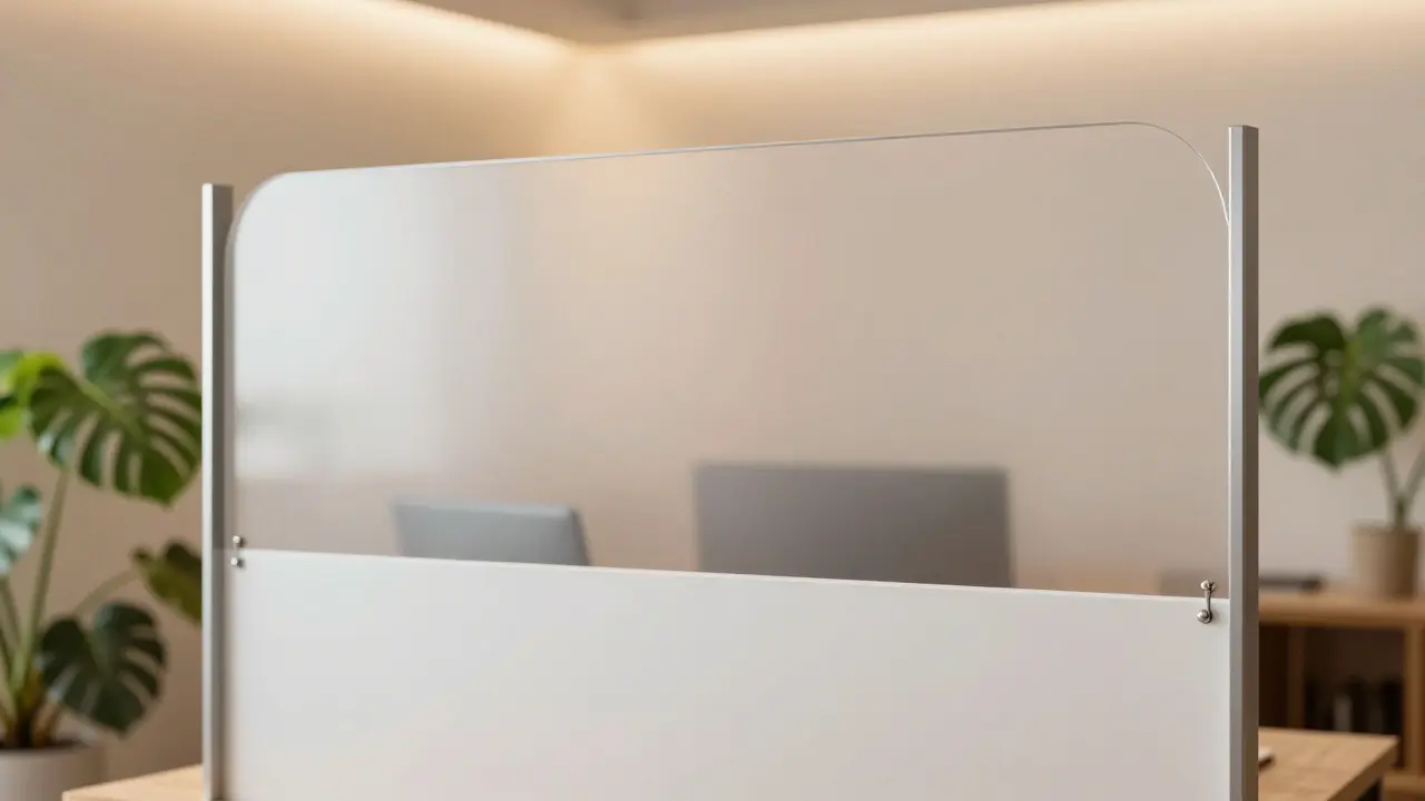 Oblouková průsvitná stěna z polykarbonátu vytvářející jemné oddělení pracovního koutu.