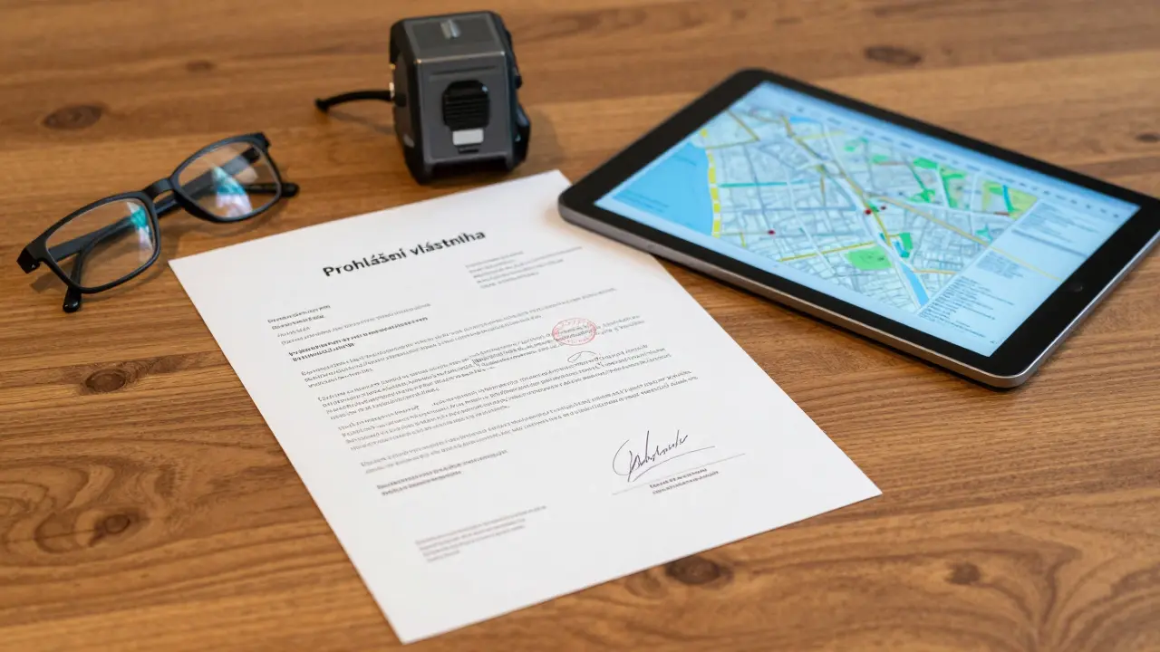 Oficiální dokument prohlášení vlastníka, tablet s katastrem a laserový metr.