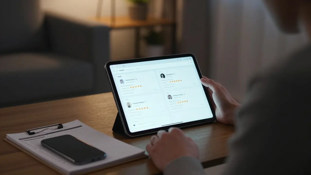 Osoba pečlivě prověřující recenze a reference realitního makléře na tabletu.