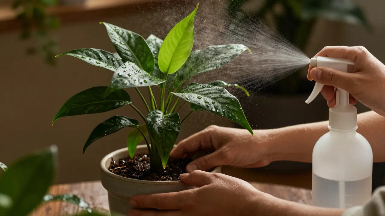 Péče o stínomilnou rostlinu a rosení listů vodou
