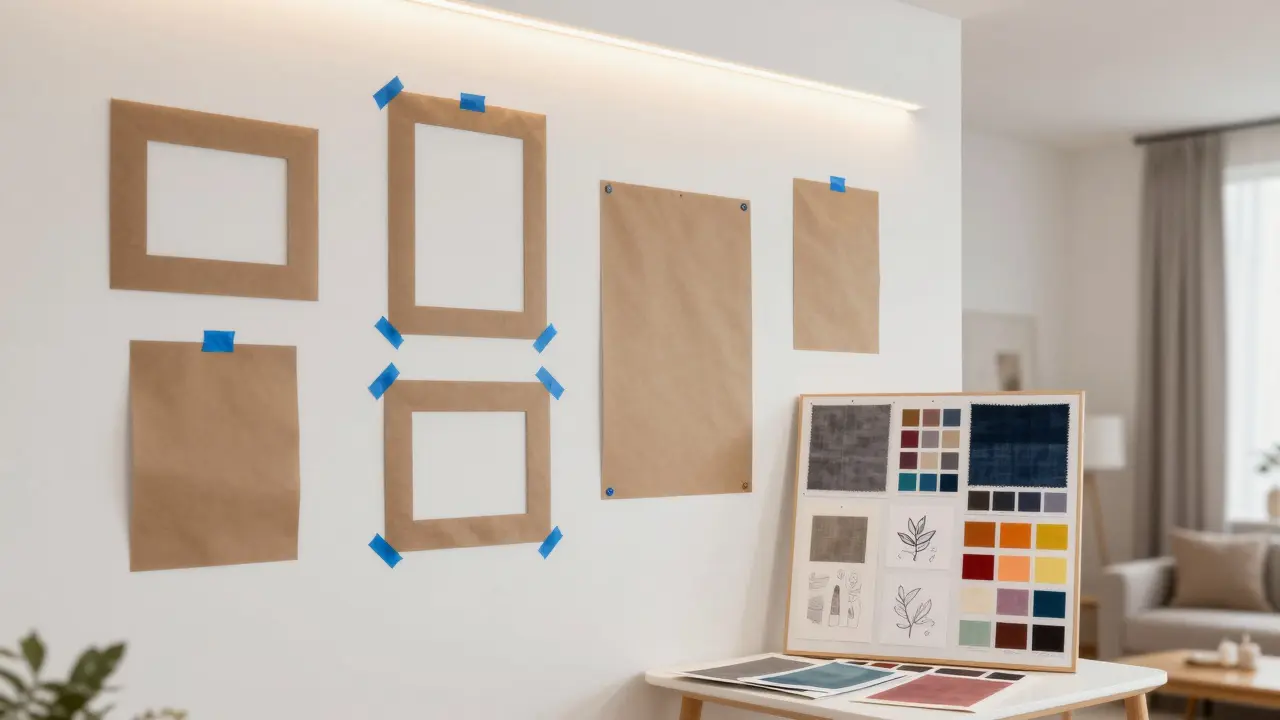 Plánování galerie na stěně pomocí papírových šablon a moodboardu.
