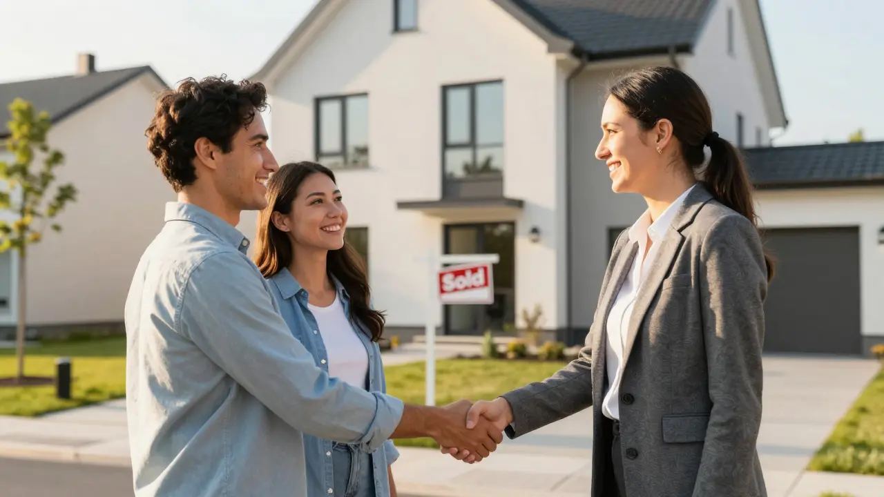 Podání rukou mezi spokileným párem a profesionálním makléřem před prodaným domem.