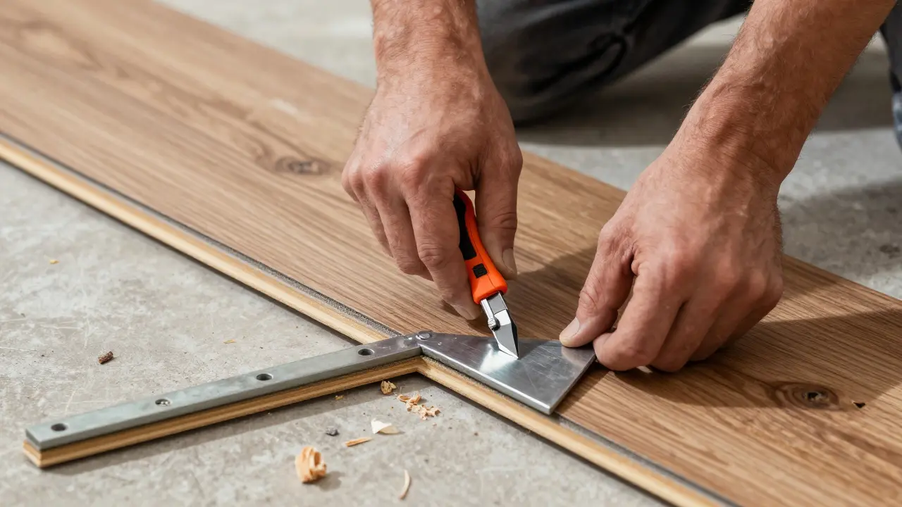 Precizní stříhání podlahové lišty pomocí úhlníku a nože.