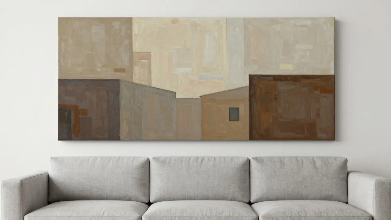 Správně umístěný obraz nad pohovkou v moderním interiéru.