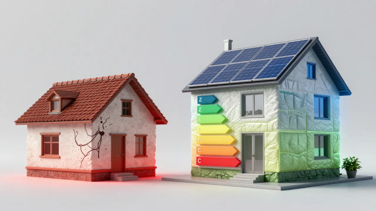 Srovnání energetické neúčinnosti starého domu a moderního nZEB standardu.