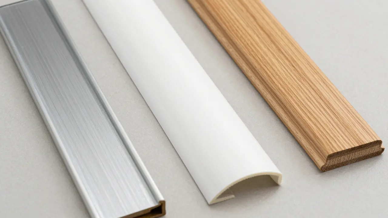 Srovnání hliníkové, PVC a dřevěné podlahové lišty na stole.