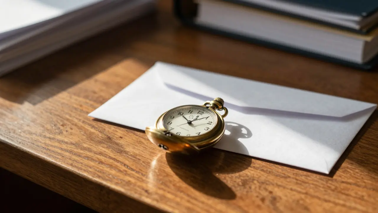 Staré hodinky a dopis na dřevěném stole ve slunečním světle