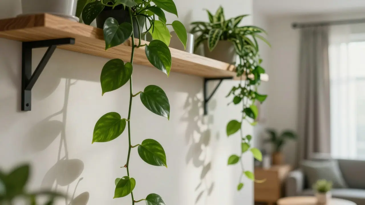 Svisající filodendron a epipremnum na vysoké polici