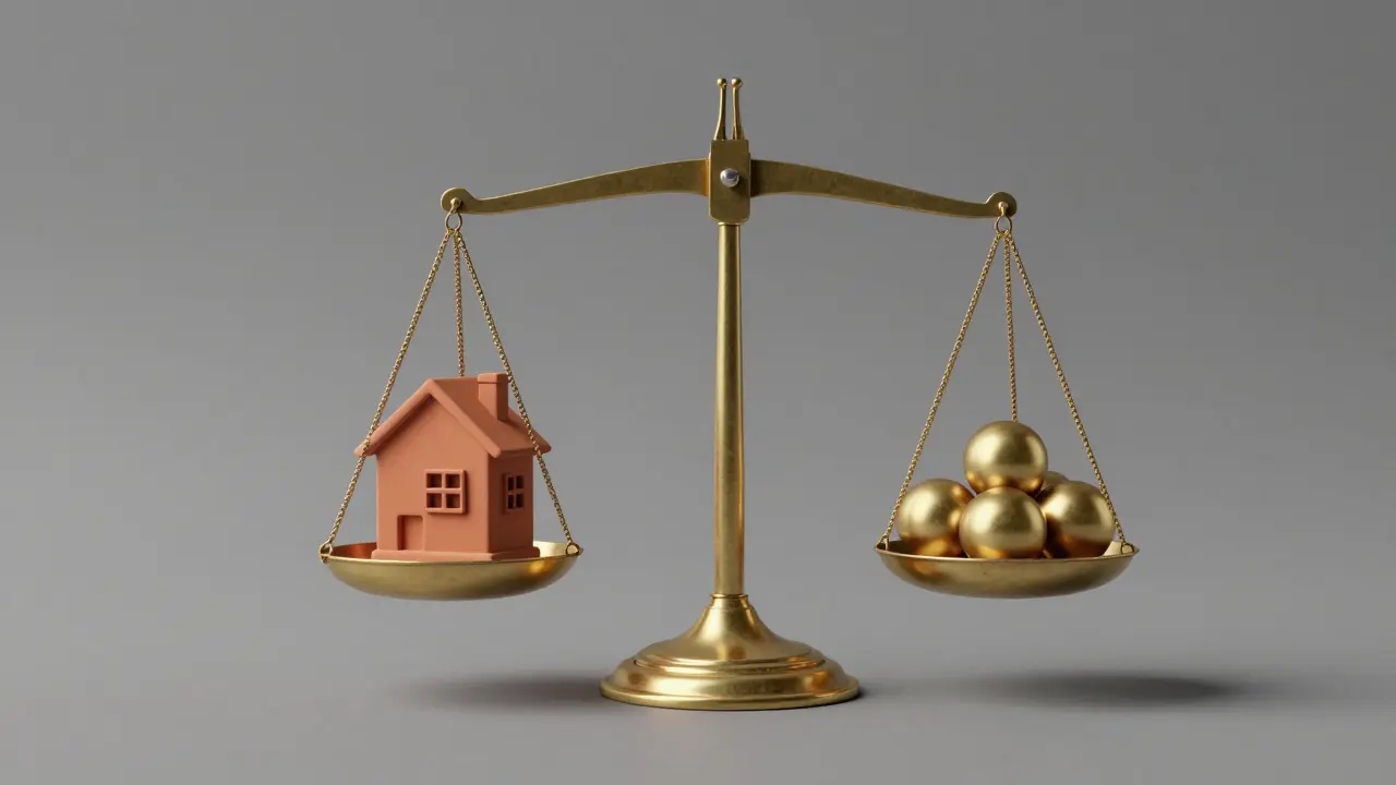 Symbolická váha s malým domečkem a zlatými koulemi