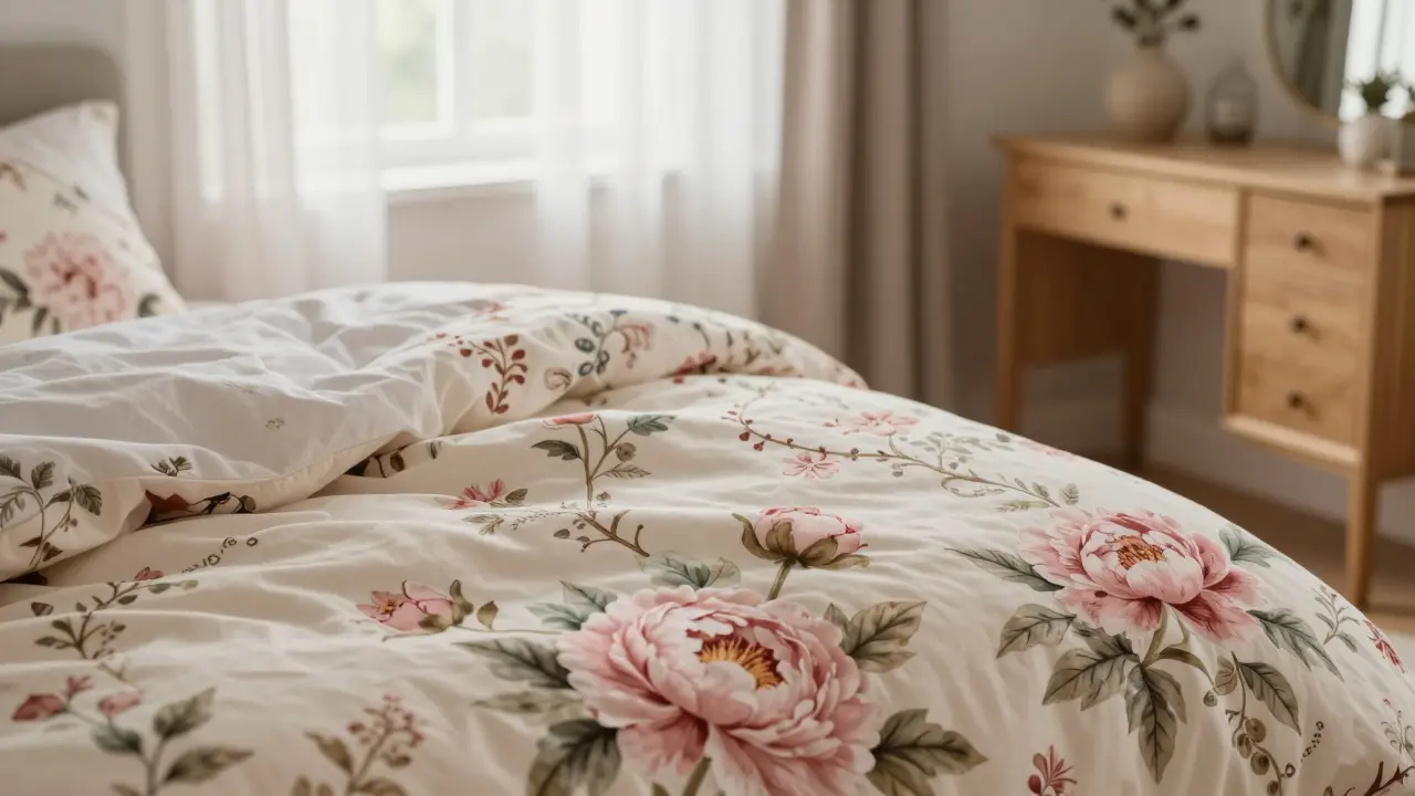 Útulná ložnice s textilem v romantických květinových motivech.