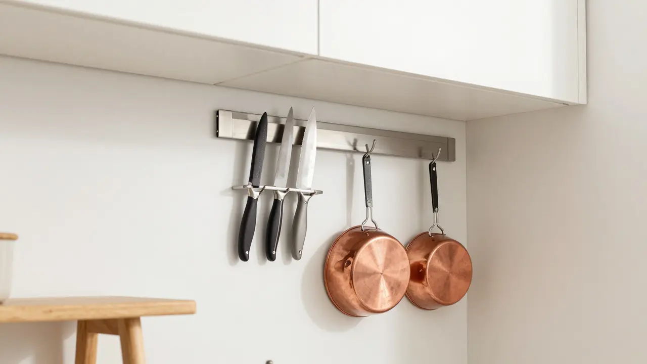 Využití svislého prostoru v malé kuchyni s magnetickou lištou na nože.