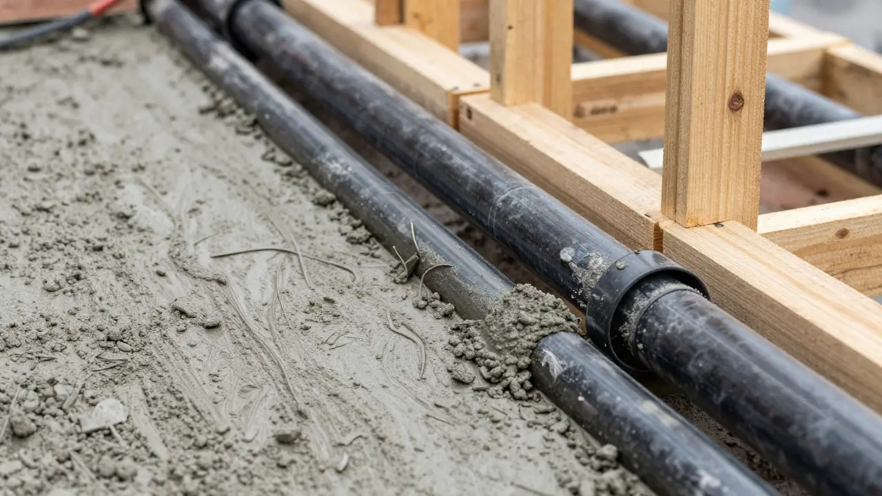 Zalévání základové spáry s instalovanými chráničkami pro elektřinu a odpad.