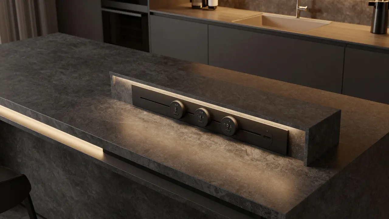 Zapuštěná vysouvací zásuvka v moderním kuchyňském ostrovku z tmavého kamene.