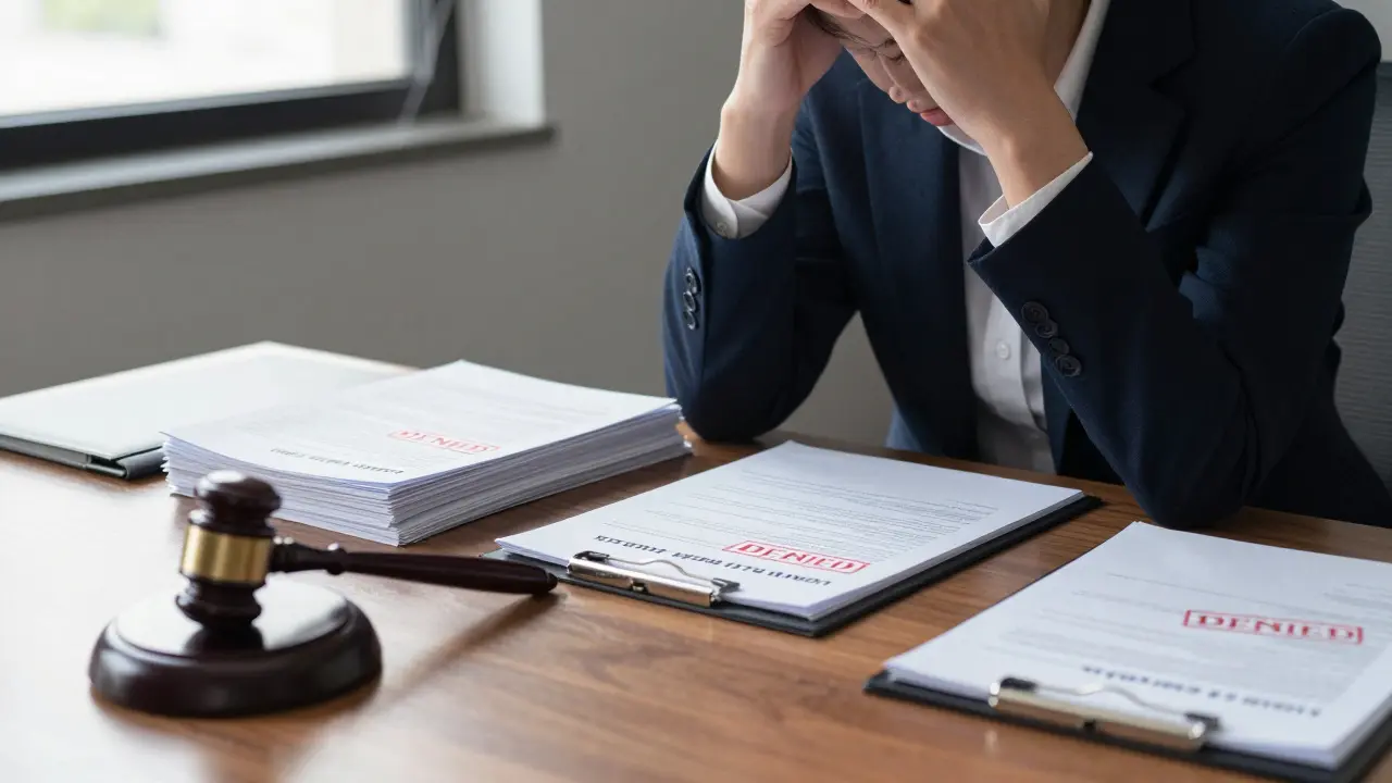 Zmatený člověk u stolu s odmítnutými žádostmi o hypotéku a právními dokumenty.