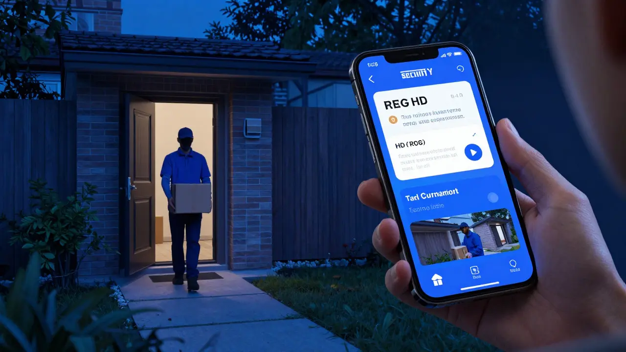 Zobrazení nočního vidění kamery a mobilní aplikace s oznámením o zásilce.