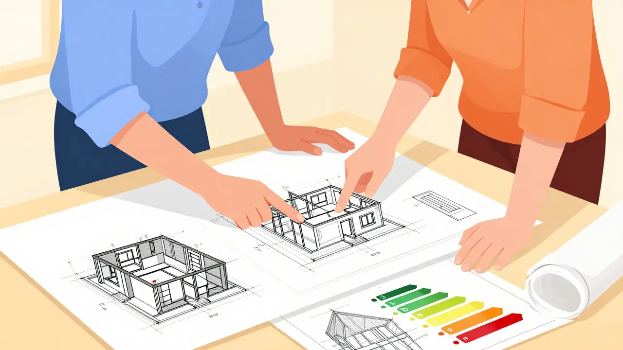 Architekt a klient konzultují technické dokumenty a modely domu u pracovního stolu.