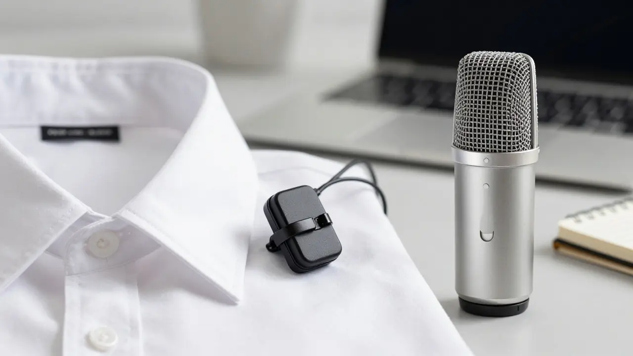 Bezdrátový mikrofon na košili a USB mikrofon na stole