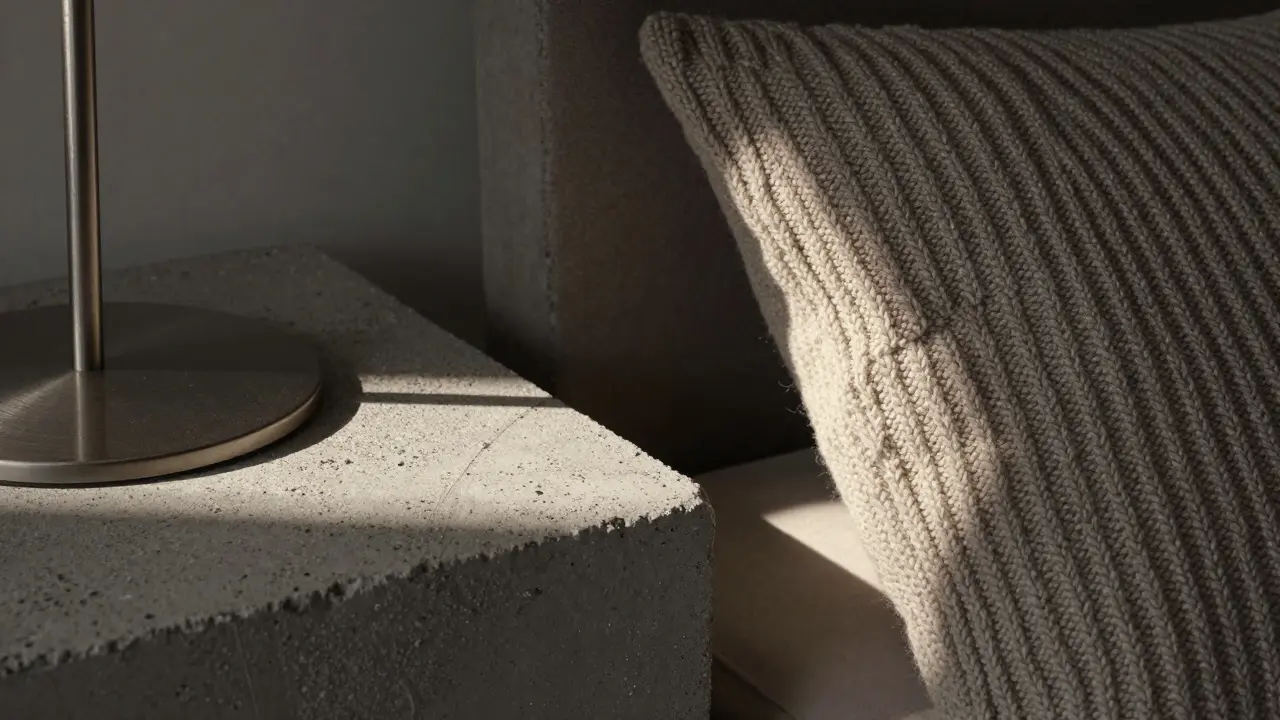 Detail materiálu: beton, kov a textil v šedých odstínech ve světle