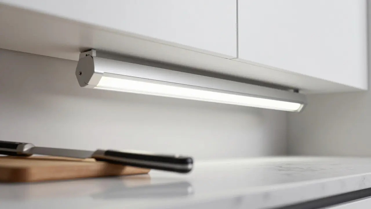 Detailní záběr hliníkového profilu s difuzérem pod kuchyňskou skříňkou