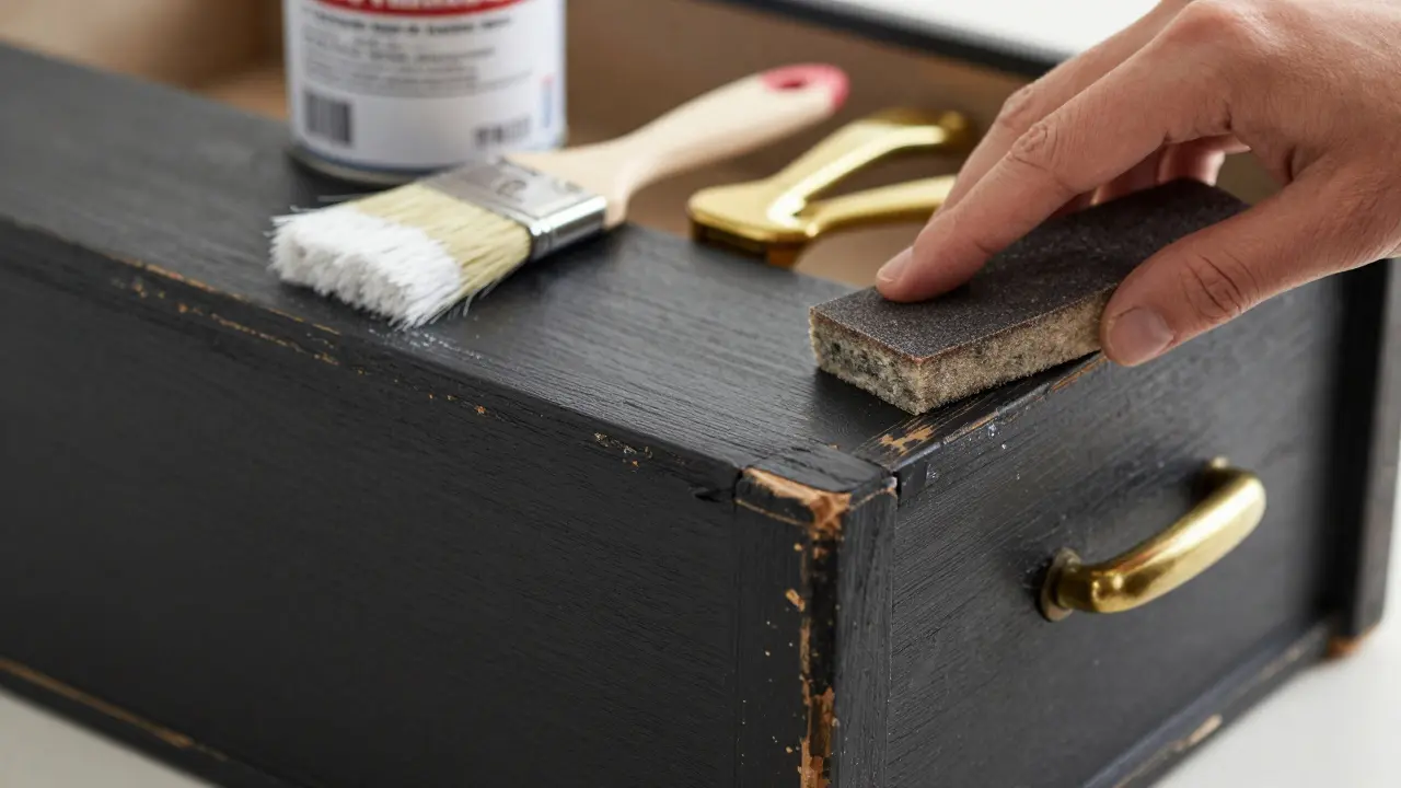 Detailní záběr na renovaci starého dřevěného nábytku v dílně