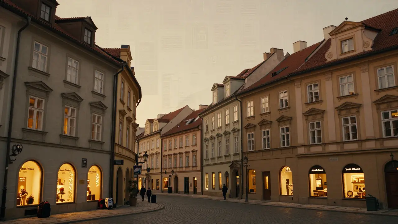 Historické město s domy pro turisty a místní obyvatele pod soumrakem