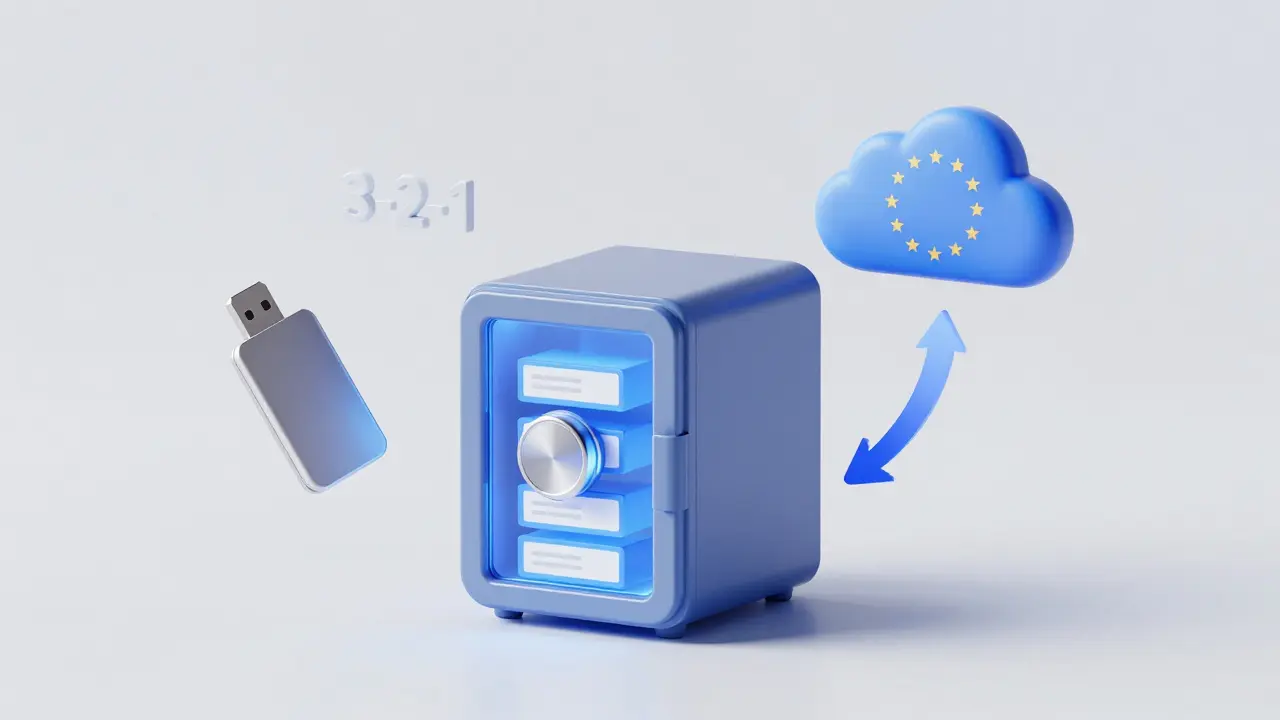 Konceptuální vizualizace pravidla 3-2-1 pro zálohu dat: lokální úložiště a cloud