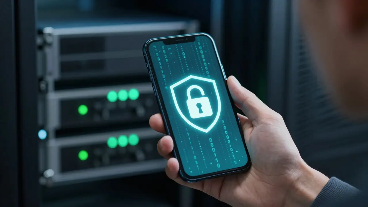 Mobilní telefon s ikonou zámku symbolizující šifrování a ochranu před ransomwarem