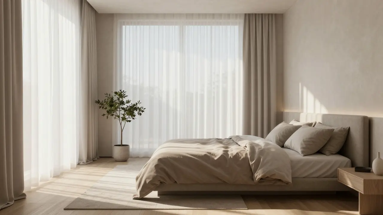 Moderní ložnice s minimalistickým povlečením a měkkým ranním osvětlením.