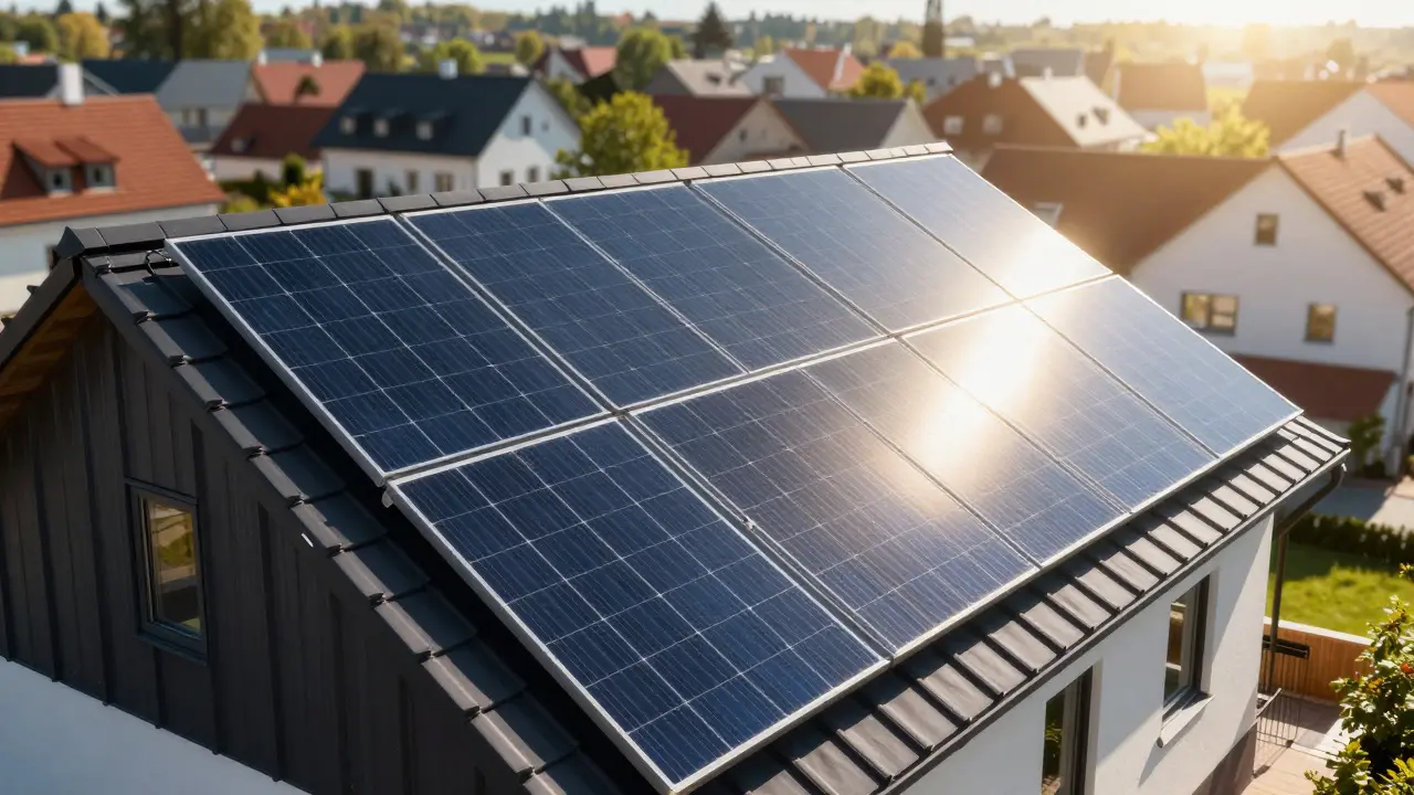 Solární panely na střeše rodinného domu za slunečného dne