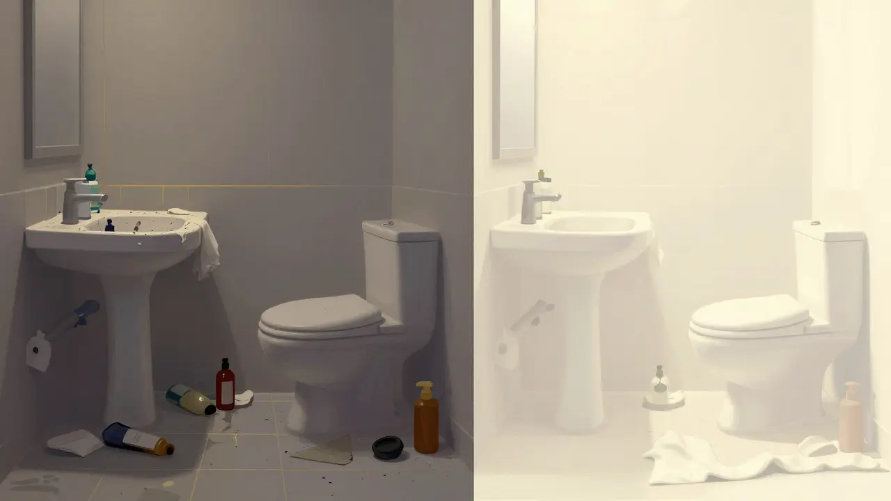 Srovnání nepořádku a čistoty v koupelně před a po home stagingu