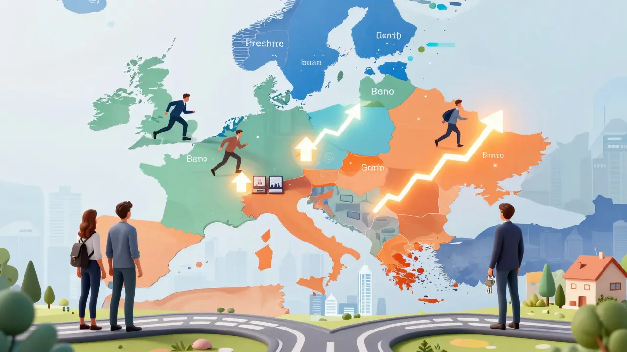 Abstraktní mapa ČR zobrazující rozdílný tlak poptávky po nájmu ve městech