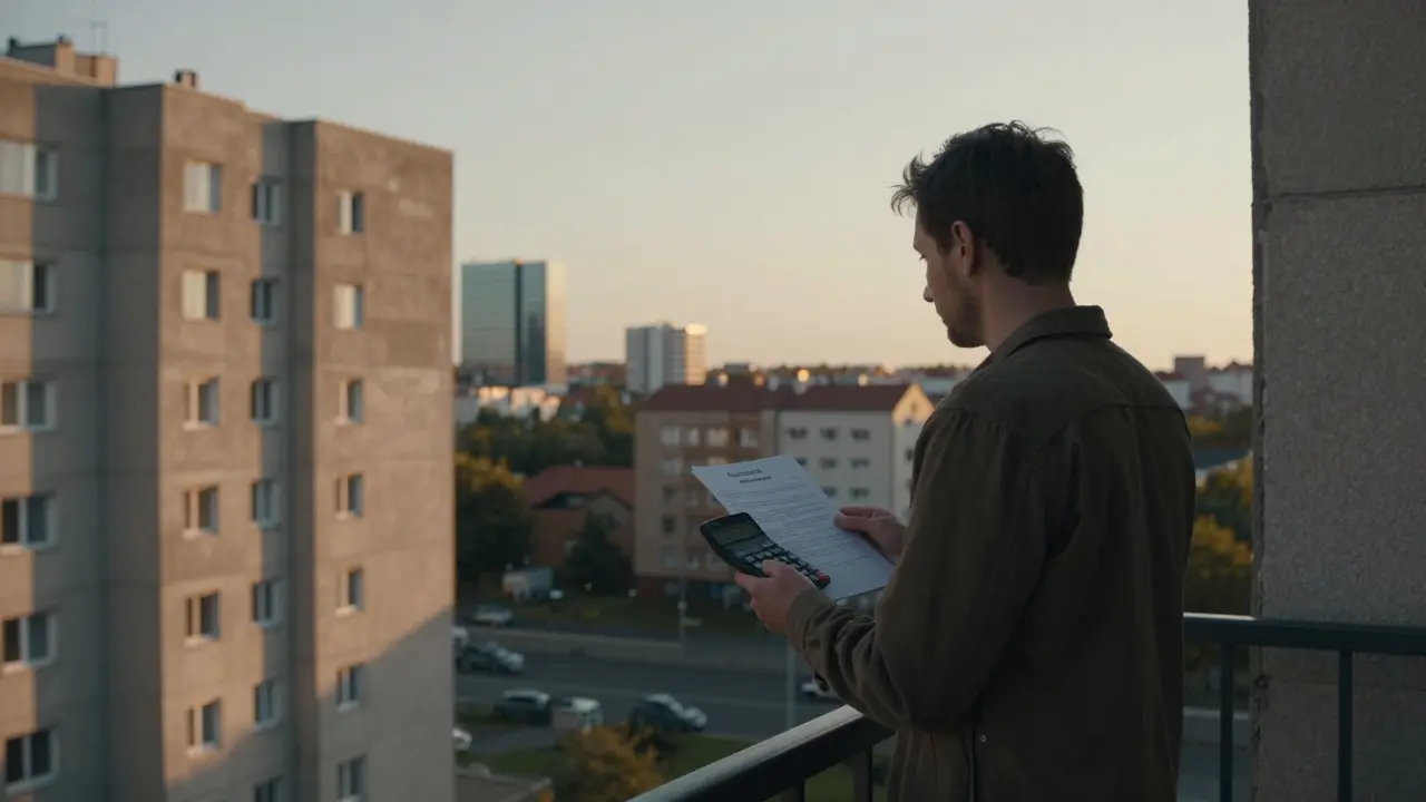 Člověk na balkoně paneláku počítá náklady na bydlení při západu slunce