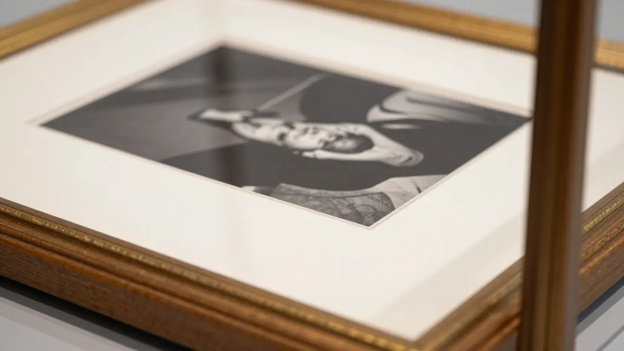 Detail rámu s paspartou a muzeálním sklem chránícím fotografii