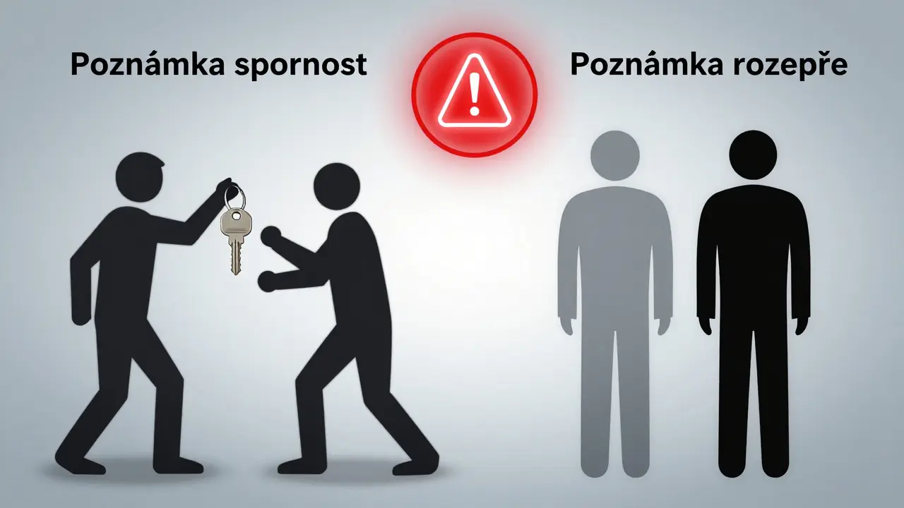 Ilustrace rozdílu mezi poznámkou spornosti a rozepře u nemovitosti