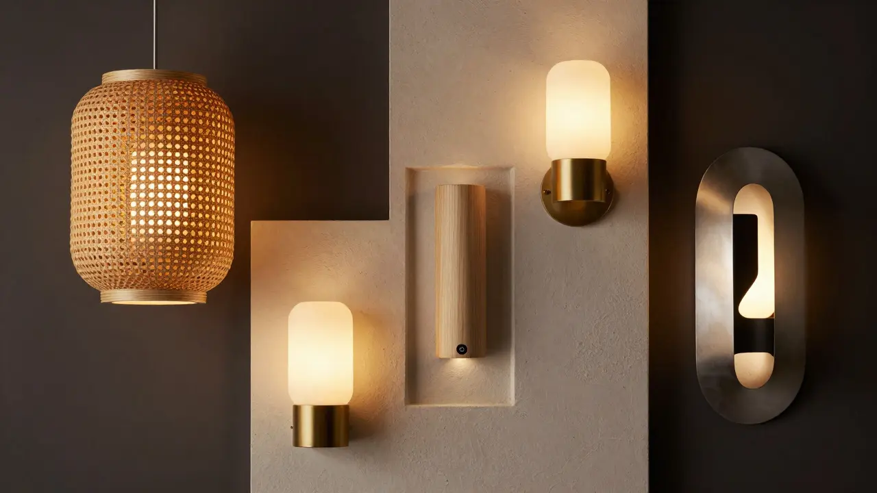 Různé styly moderních nástěnných světel z materiálů jako dřevo, sklo a kov v temném prostoru.