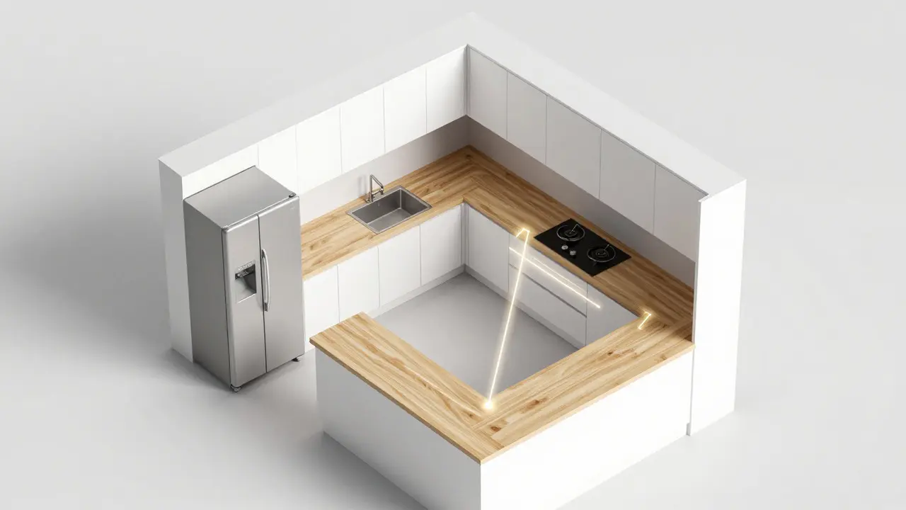 Architektonický pohled na pracovní trojúhelník v efektivně navržené kuchyni.