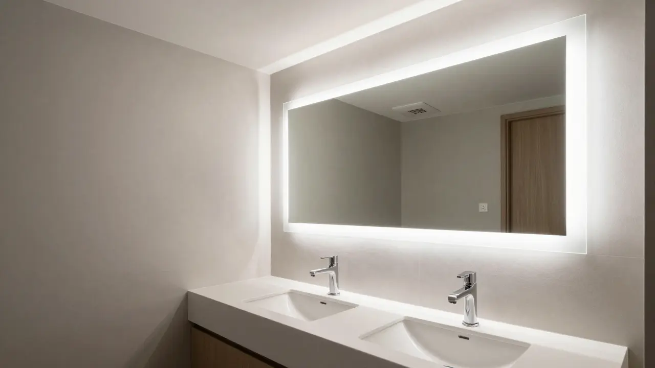 Moderní koupelna s osvětleným zrcadlem a ventilátorem