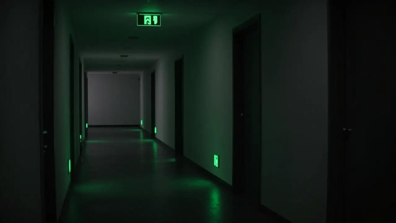 Nouzové osvětlení v tmavé chodbě ukazující cestu k východu