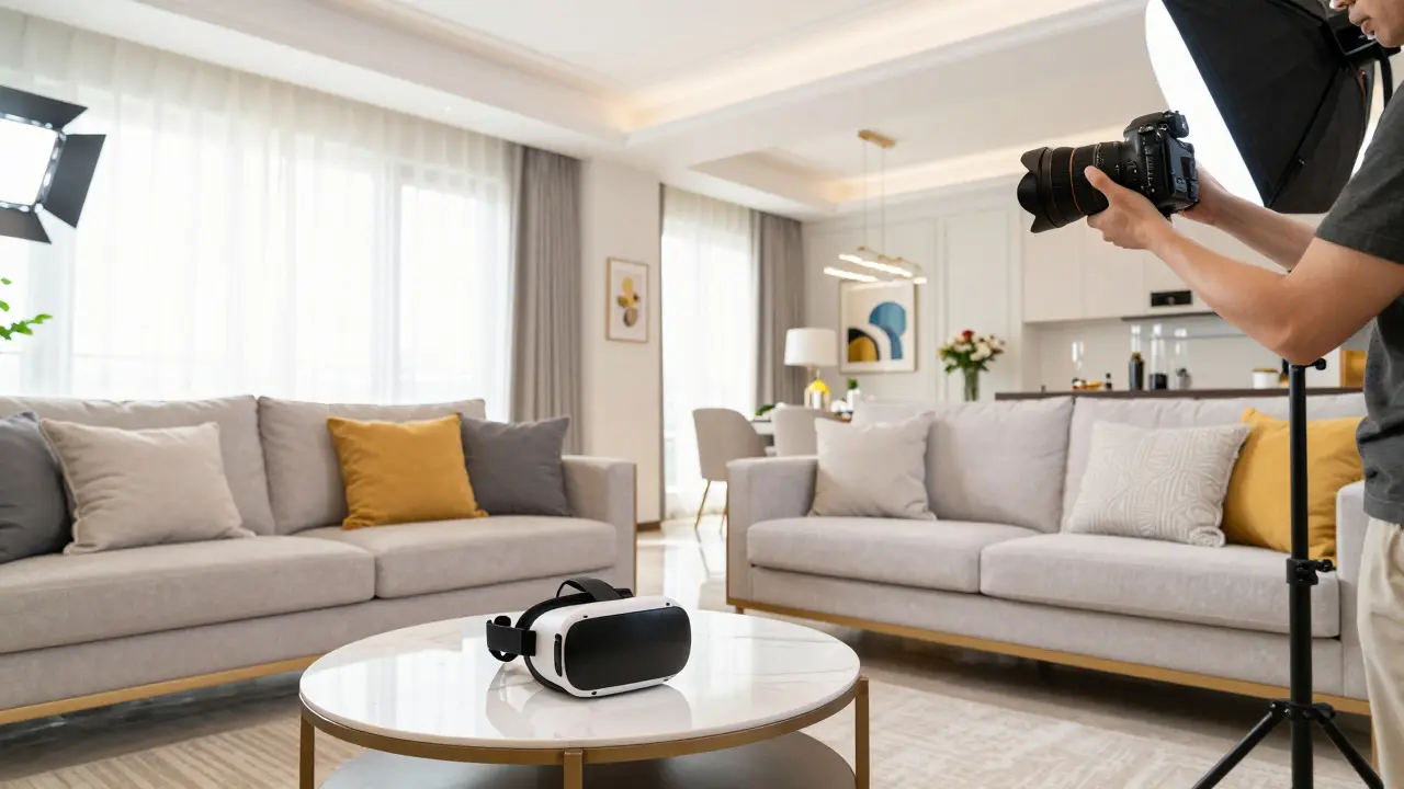Professional photoshoot of staged apartment with VR headset