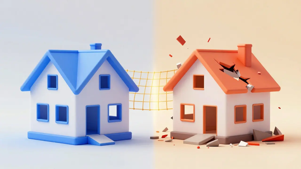 Artistic illustration contrasting a stable house model with chaotic renovation costs
