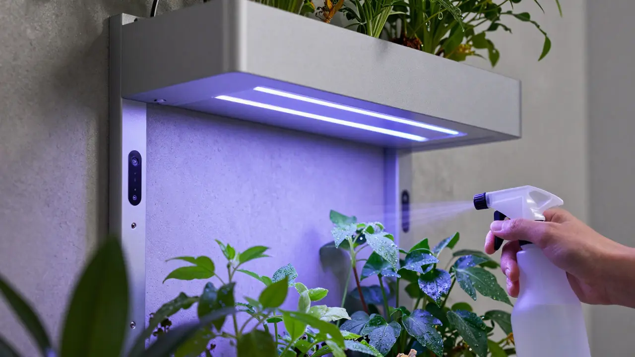 Close-up of a smart planter module with integrated sensors and LED lights