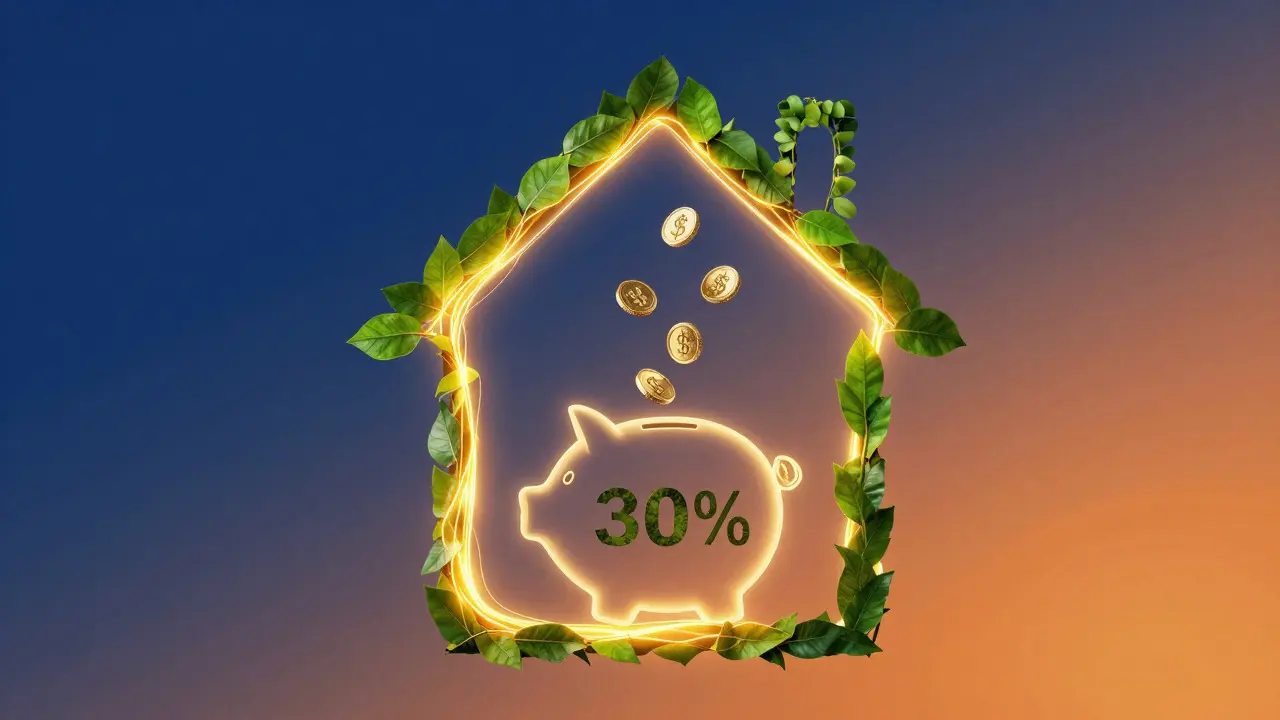 Conceptual art of a house made of leaves with coins, symbolizing energy savings.