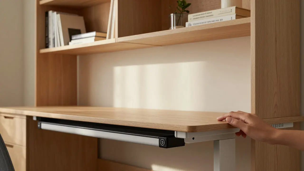 Detail ergonomické pracovní linky s nastavitelnou výškou a vertikálním úložištěm