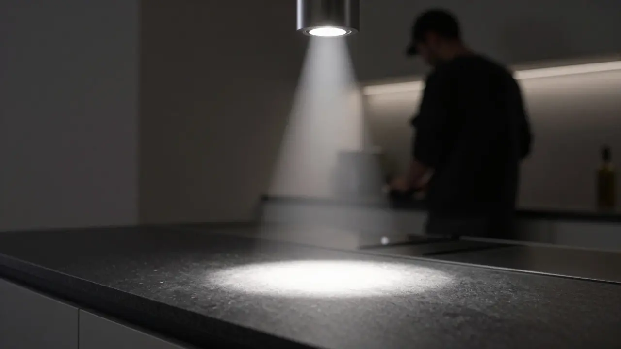Focused downlight beam on a kitchen countertop workspace