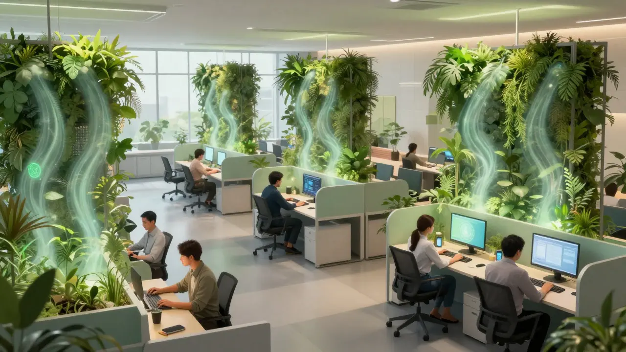 Futuristic office space with green walls acting as living partitions